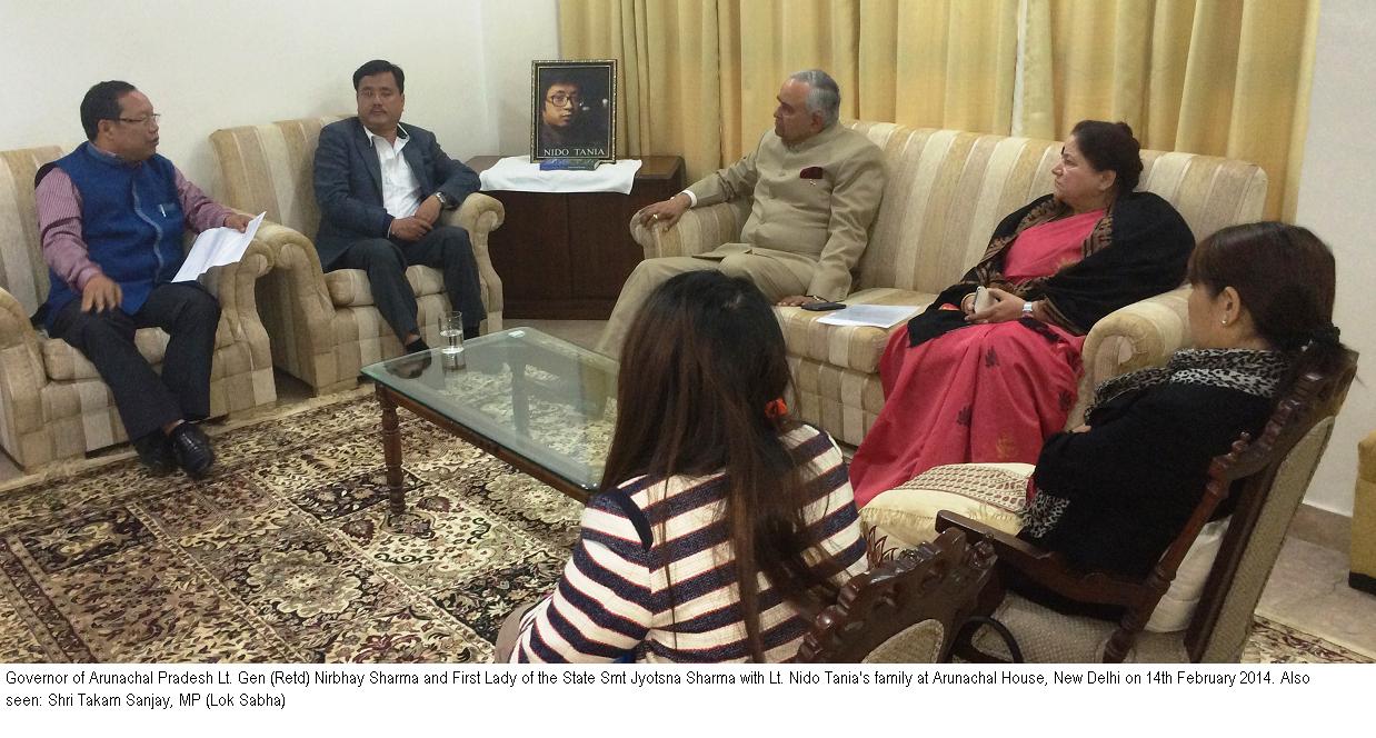 Arunachal Pradesh Governor Lt Gen (Retd) Nirbhay Sharma and First Lady of the State Smt Jyotsna Shama with Lt. Nido Tanias family at Arunachal House, New Delhi on 14th February 2014. Also seen: Shri Takam Sanjay, MP (Lok Sabha).